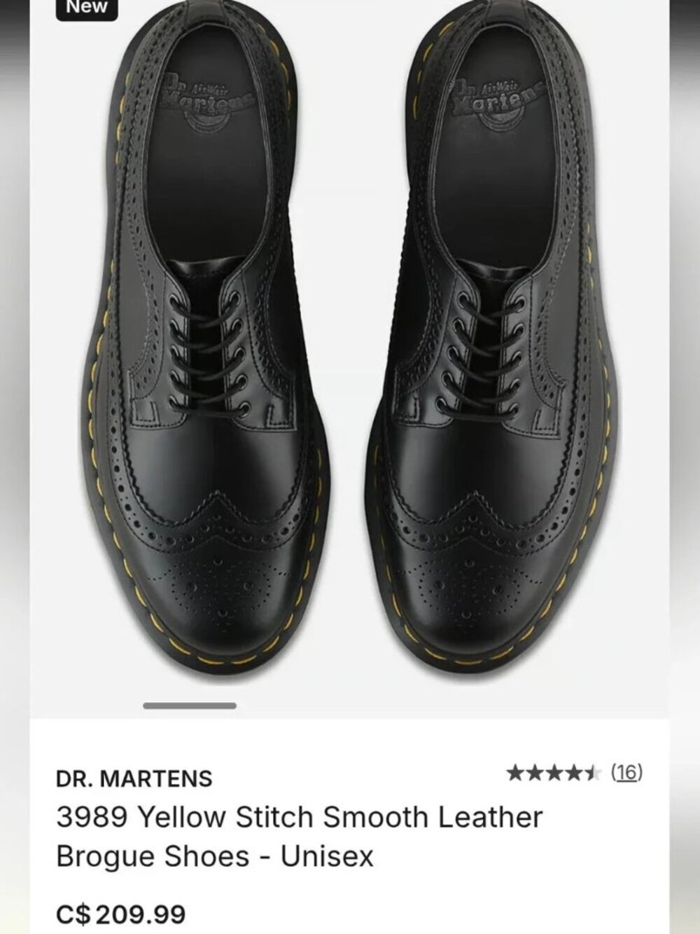 Dr. Martens Black Leather Wingtip Brogues with Yellow Stitching Men's Size 9